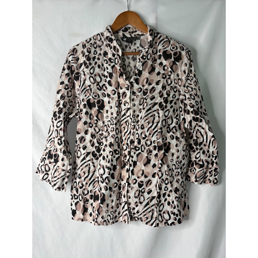 Carole Little 100% Linen Animal Print Button Up Blouse Neutral 1X‎ 3/4 Sleeve